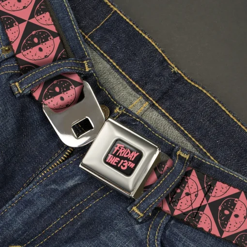 FRIDAY THE 13TH Title Logo Full Color Black/Red Seatbelt Belt - Friday the 13th Jason Mask Diamond Split Black/Red Webbing