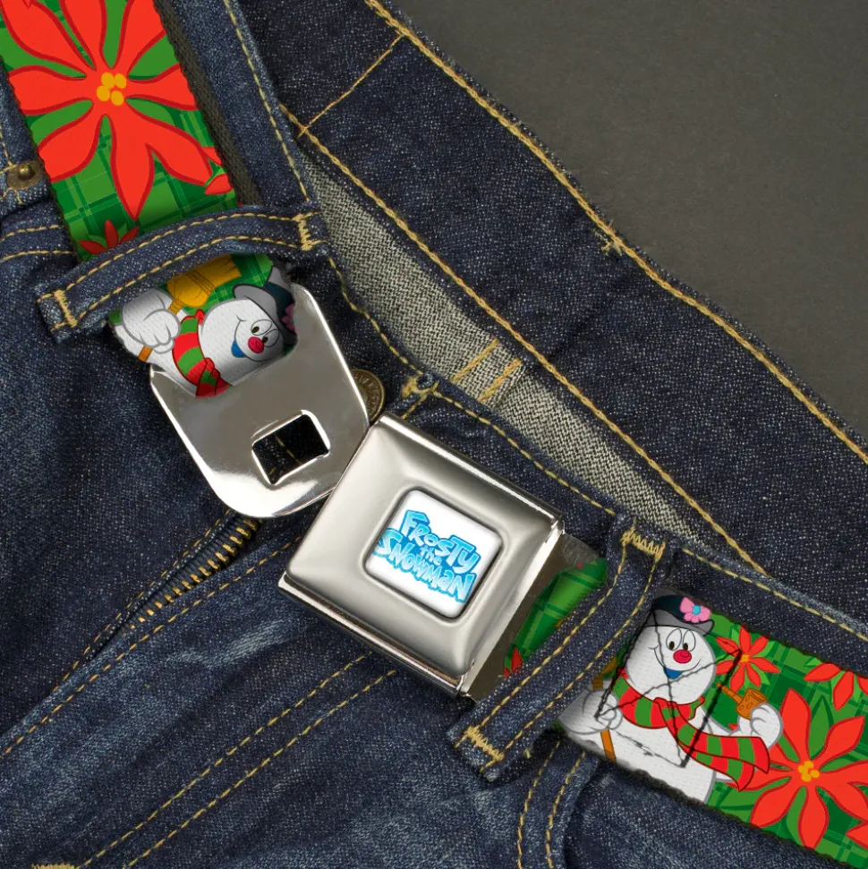 FROSTY THE SNOWMAN Logo Full Color White/Blues Seatbelt Belt - Frosty the Snowman Pose Poinsettia Plaid Collage Greens/Reds Webbing