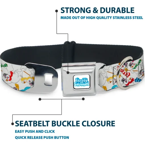 FROSTY THE SNOWMAN Logo Full Color White/Blues Seatbelt Buckle Collar - Frosty the Snowman Pose Scattered White