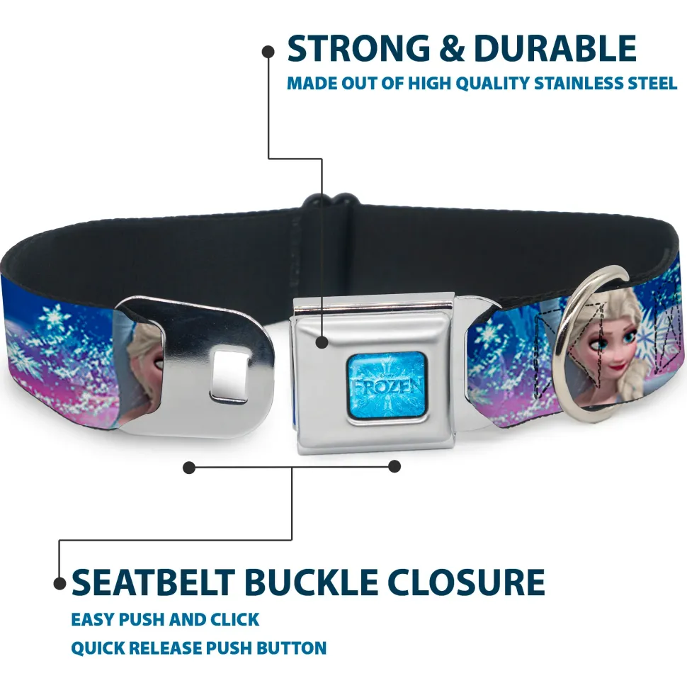 FROZEN Logo Full Color Blues Seatbelt Buckle Collar - Elsa the Snow Queen Poses/Castle & Snowy Mountains Blue-Pink Fade