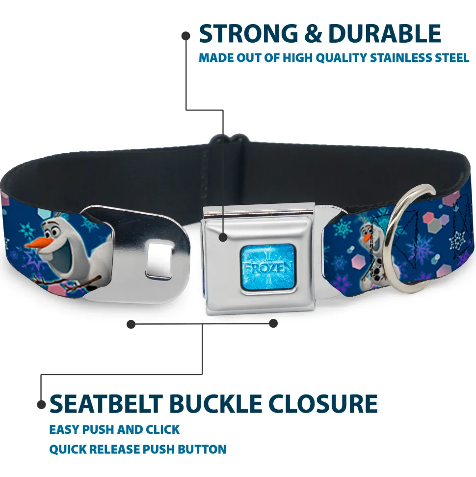 FROZEN Logo Full Color Blues Seatbelt Buckle Collar - Frozen Olaf Poses/Snowflakes Blues