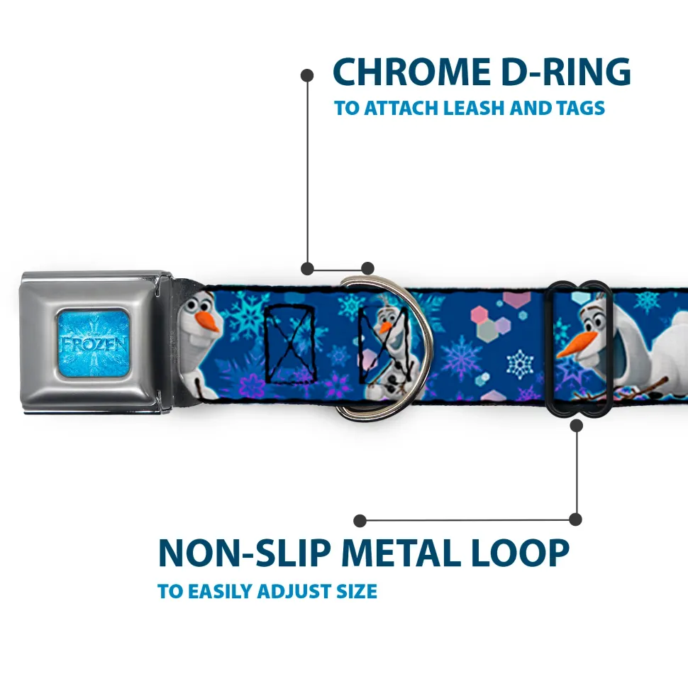 FROZEN Logo Full Color Blues Seatbelt Buckle Collar - Frozen Olaf Poses/Snowflakes Blues