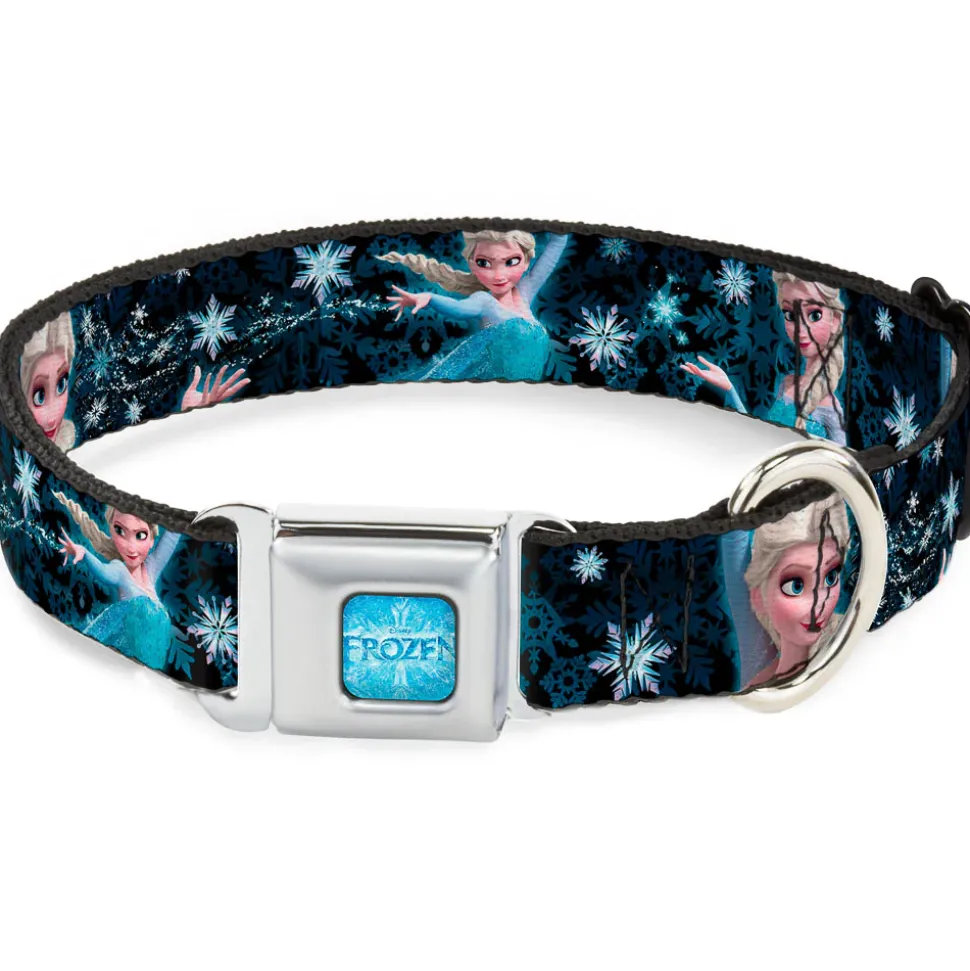 FROZEN Logo Full Color Blues Seatbelt Buckle Collar - Elsa the Snow Queen Poses PERFECT AND POWERFUL Blues/White