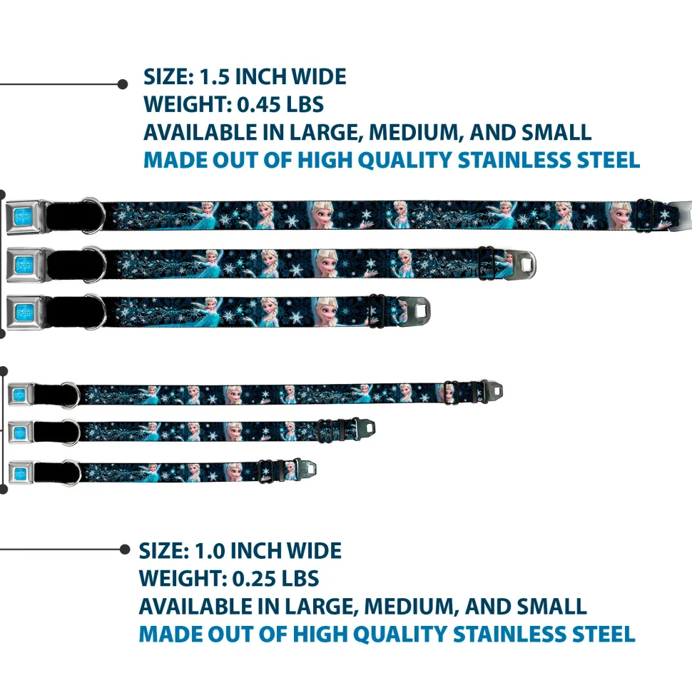 FROZEN Logo Full Color Blues Seatbelt Buckle Collar - Elsa the Snow Queen Poses PERFECT AND POWERFUL Blues/White