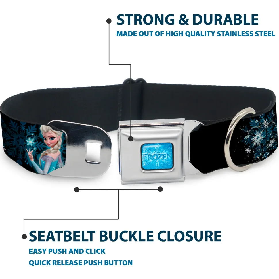 FROZEN Logo Full Color Blues Seatbelt Buckle Collar - Elsa the Snow Queen Poses PERFECT AND POWERFUL Blues/White