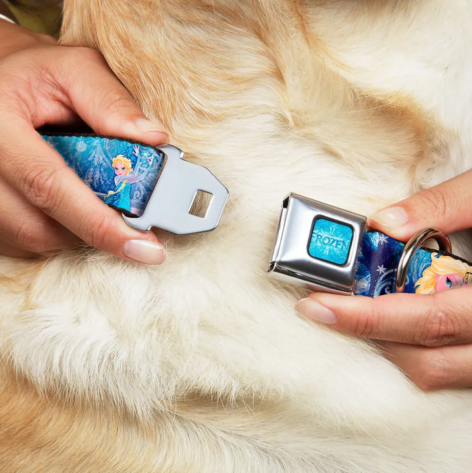 FROZEN Logo Full Color Blues Seatbelt Buckle Collar - Frozen Elsa the Snow Queen Poses/Snowflakes