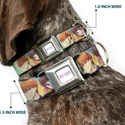 FRUITS BASKET Title Logo Full Color White/Purple Seatbelt Buckle Collar - Fruits Basket Kyo Tohru Yuki Group Pose Greens/Blues