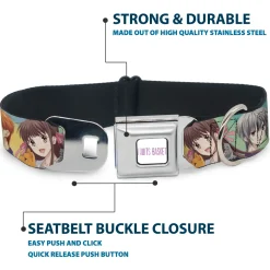FRUITS BASKET Title Logo Full Color White/Purple Seatbelt Buckle Collar - Fruits Basket Kyo Tohru Yuki Group Pose Greens/Blues