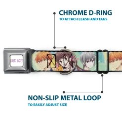 FRUITS BASKET Title Logo Full Color White/Purple Seatbelt Buckle Collar - Fruits Basket Kyo Tohru Yuki Group Pose Greens/Blues