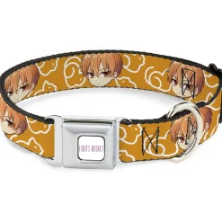FRUITS BASKET Title Logo Full Color White/Purple Seatbelt Buckle Collar - Fruits Basket Chibi Kyo Soma Face and Kimono Cat Icon Orange/White