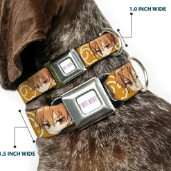 FRUITS BASKET Title Logo Full Color White/Purple Seatbelt Buckle Collar - Fruits Basket Chibi Kyo Soma Face and Kimono Cat Icon Orange/White