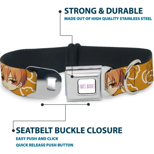 FRUITS BASKET Title Logo Full Color White/Purple Seatbelt Buckle Collar - Fruits Basket Chibi Kyo Soma Face and Kimono Cat Icon Orange/White