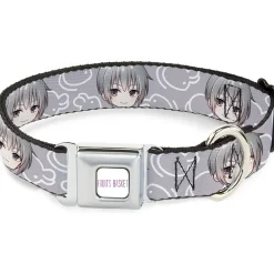 FRUITS BASKET Title Logo Full Color White/Purple Seatbelt Buckle Collar - Fruits Basket Chibi Yuki Soma Face and Kimono Rat Icon Gray/White