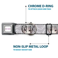 FRUITS BASKET Title Logo Full Color White/Purple Seatbelt Buckle Collar - Fruits Basket Chibi Yuki Soma Face and Kimono Rat Icon Gray/White