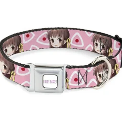 FRUITS BASKET Title Logo Full Color White/Purple Seatbelt Buckle Collar - Fruits Basket Chibi Tohru Honda Face and Kimono Rice Ball Icon Pink/White/Red
