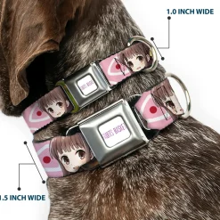 FRUITS BASKET Title Logo Full Color White/Purple Seatbelt Buckle Collar - Fruits Basket Chibi Tohru Honda Face and Kimono Rice Ball Icon Pink/White/Red