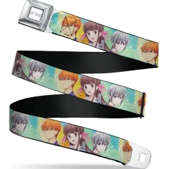 FRUITS BASKET Title Logo Full Color White/Purple Seatbelt Belt - Fruits Basket Kyo Tohru Yuki Group Pose Greens/Blues Webbing