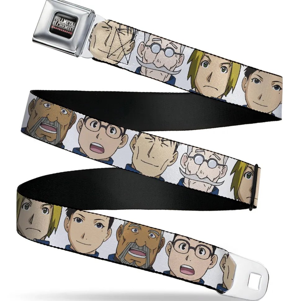FULLMETAL ALCHEMIST BROTHERHOOD Title Logo Full Color Black Seatbelt Belt - Fullmetal Alchemist Brotherhood Central Forces Military Personnel Faces White Webbing