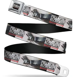 FULLMETAL ALCHEMIST BROTHERHOOD Title Logo Full Color Black Seatbelt Belt - FULLMETAL ALCHEMIST BROTHERHOOD Edward Elrics Automail Arm Tan Webbing