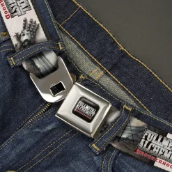 FULLMETAL ALCHEMIST BROTHERHOOD Title Logo Full Color Black Seatbelt Belt - FULLMETAL ALCHEMIST BROTHERHOOD Edward Elrics Automail Arm Tan Webbing