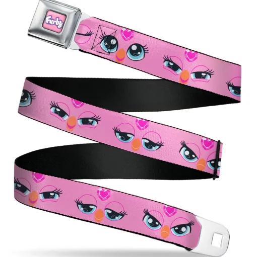FURBY Title Logo Full Color Pink/Purple/White Seatbelt Belt - Furby Eye Expressions Close-Up Pink Webbing