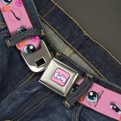 FURBY Title Logo Full Color Pink/Purple/White Seatbelt Belt - Furby Eye Expressions Close-Up Pink Webbing