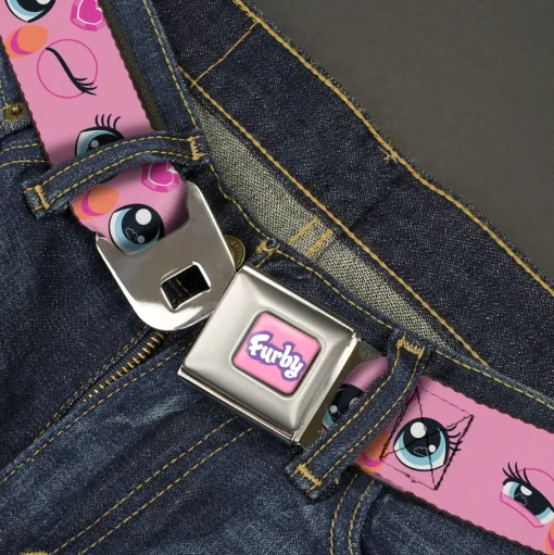 FURBY Title Logo Full Color Pink/Purple/White Seatbelt Belt - Furby Eye Expressions Close-Up Pink Webbing