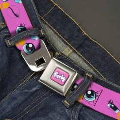 FURBY Title Logo Full Color Pink/Purple/White Seatbelt Belt - Furby Purple Eye Expressions Close-Up Pink Webbing