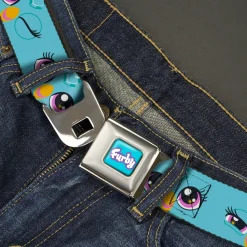 FURBY Title Logo Full Color Teal/Lavender/White Seatbelt Belt - Furby Eye Expressions Close-Up Teal Webbing