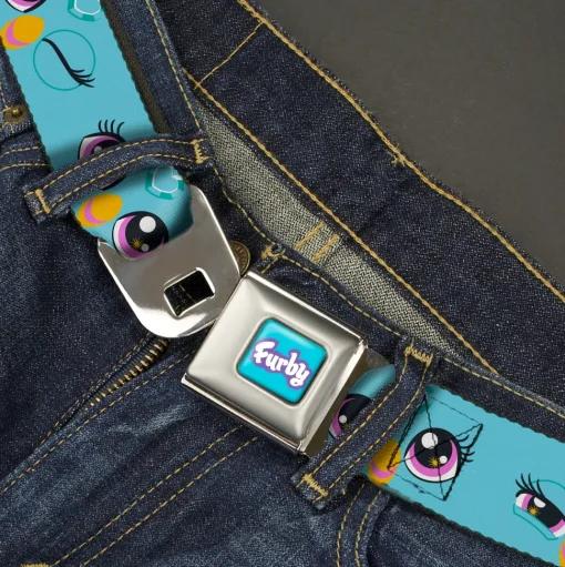 FURBY Title Logo Full Color Teal/Lavender/White Seatbelt Belt - Furby Eye Expressions Close-Up Teal Webbing