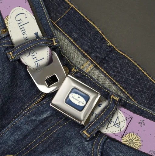 GILMORE GIRLS Title Logo Full Color Blue/White Seatbelt Belt - GILMORE GIRLS Title Logo and Flower Petals Lavender/White/Blue Webbing