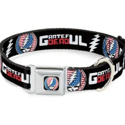 Grateful Dead Steal Your Face Stars and Stripes Logo Full Color Black/White/Red/Blue Seatbelt Buckle Collar - GRATEFUL DEAD Text with Steal Your Face Stars and Stripes Logo Black/White/Red/Blue