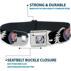 Grateful Dead Steal Your Face Stars and Stripes Logo Full Color Black/White/Red/Blue Seatbelt Buckle Collar - GRATEFUL DEAD Text with Steal Your Face Stars and Stripes Logo Black/White/Red/Blue