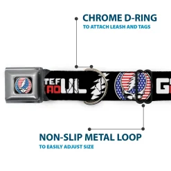 Grateful Dead Steal Your Face Stars and Stripes Logo Full Color Black/White/Red/Blue Seatbelt Buckle Collar - GRATEFUL DEAD Text with Steal Your Face Stars and Stripes Logo Black/White/Red/Blue