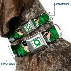 Green Lantern Logo CLOSE-UP White Green Seatbelt Buckle Collar - Green Lantern Green Glow w/Text