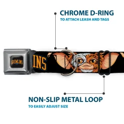 GREMLINS 1984 Title Logo Full Color Black/Blue/Orange Seatbelt Buckle Collar - GREMLINS 1984 Gizmo Face Close-Up Black
