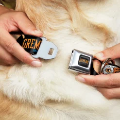 GREMLINS 1984 Title Logo Full Color Black/Blue/Orange Seatbelt Buckle Collar - GREMLINS 1984 Gizmo Face Close-Up Black