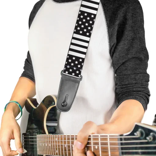 Guitar Strap - American Flag CLOSE-UP Black White
