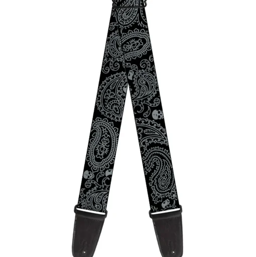 Guitar Strap - Bandana Skulls Black Silver