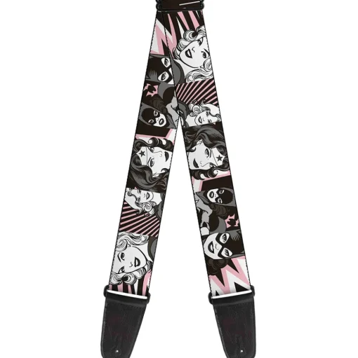 Guitar Strap - Batgirl Wonder Woman Supergirl Retro Panels Black Pink White
