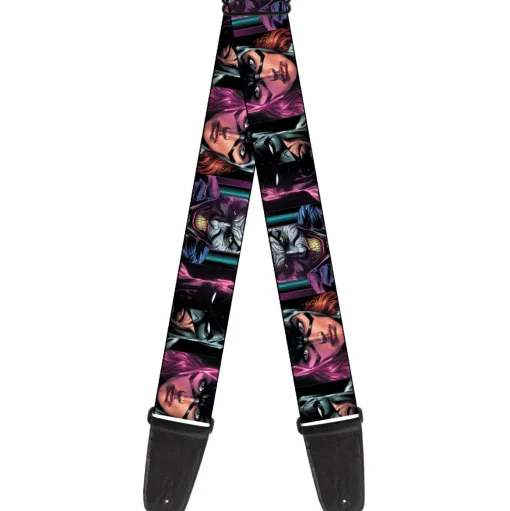 Guitar Strap - Batman Batgirl and Joker Comic Book Cover Face Close-Ups Black