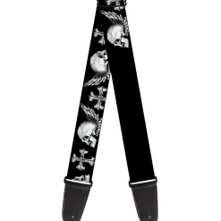 Guitar Strap - BD Skulls w Wings Black White