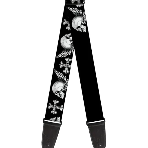 Guitar Strap - BD Skulls w Wings Black White