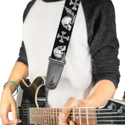 Guitar Strap - BD Skulls w Wings Black White