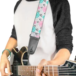 Guitar Strap - Bird Tapestry White Gray Turquoise Pink