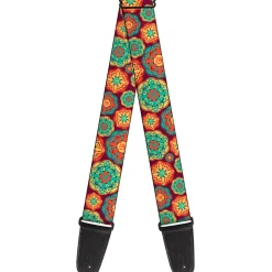Guitar Strap - Boho Mandala Burgundy Yellow Turquoise Orange