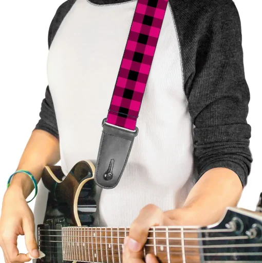Guitar Strap - Buffalo Plaid Black Fuchsia