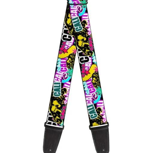 Guitar Strap - Cali Bear CALI Graffiti Pot Leaves Black Multi Color