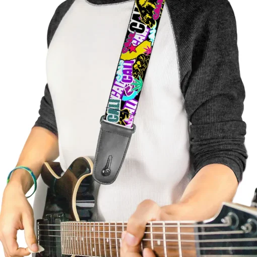 Guitar Strap - Cali Bear CALI Graffiti Pot Leaves Black Multi Color