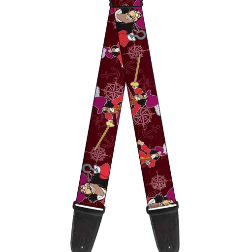 Guitar Strap - Captain Hook Poses Nautical Elements Burgundy